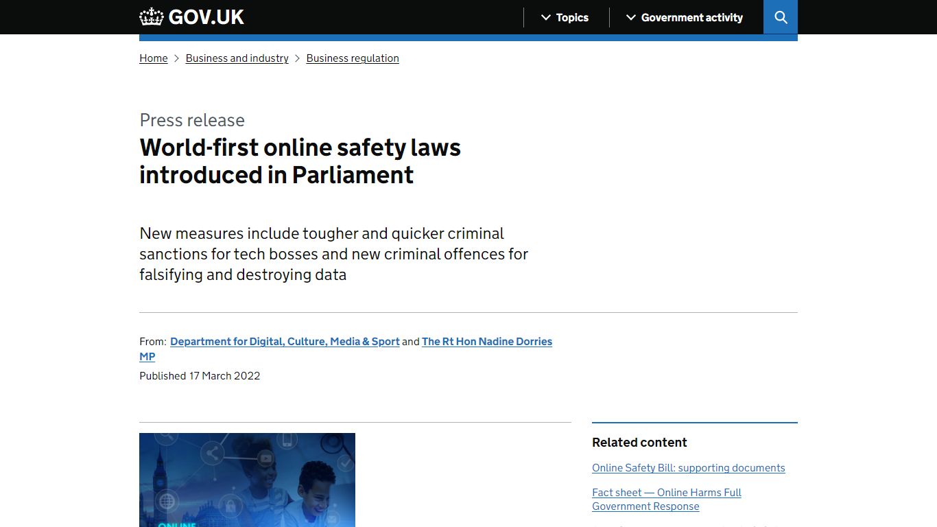 World-first online safety laws introduced in Parliament - GOV.UK