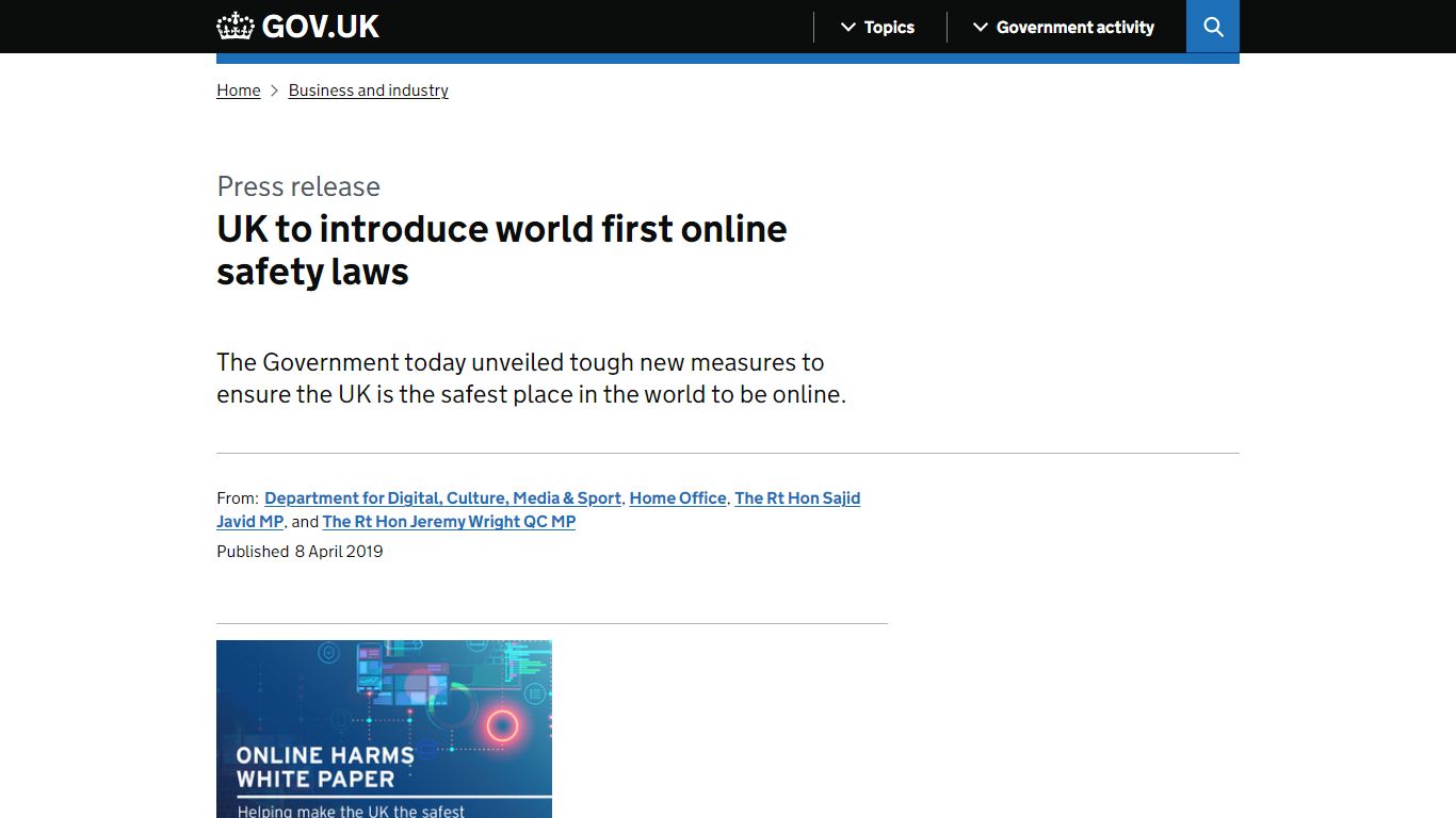 UK to introduce world first online safety laws - GOV.UK